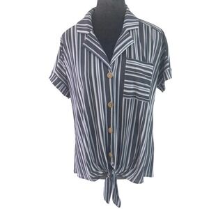 Faith and Joy Preppy Nautical Blue White Striped Tie Front Button Down Shirt M